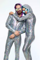 Sea Dragon Studio holographic jumpsuit fabric detail - iridescent lycra full-length festival jumpsuit.