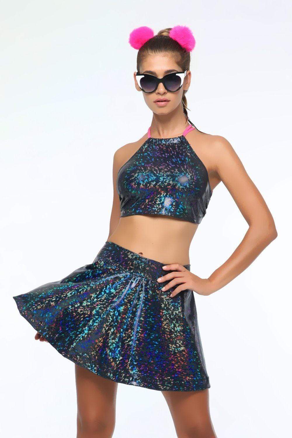 Sea Dragon Studio holographic womens festival skirt — rave wear, worn at festival.