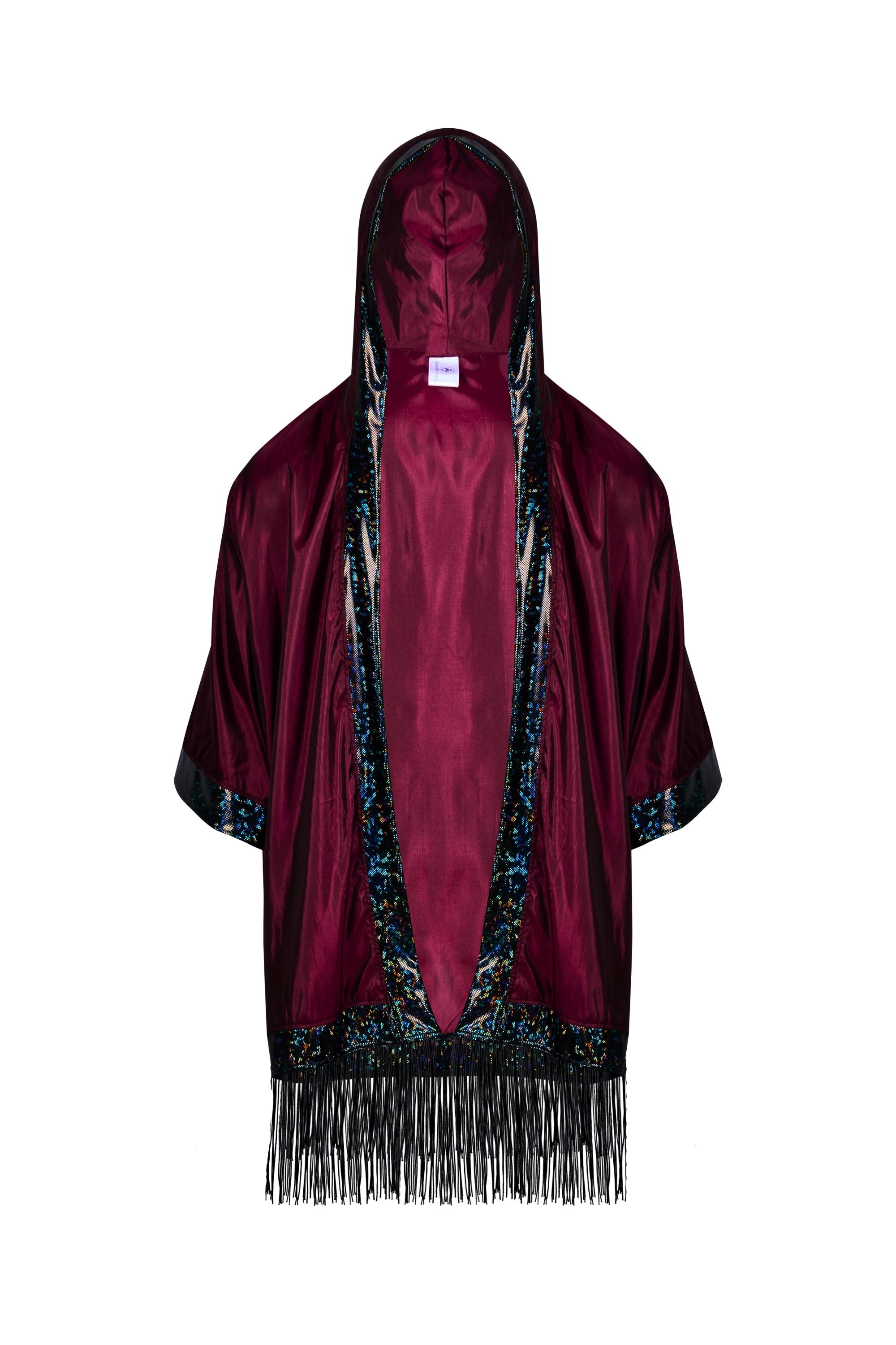 Sea Dragon Studio Hooded Iridescent Kimono – Iridescent Wine colorway, hooded rave kimono with fringe