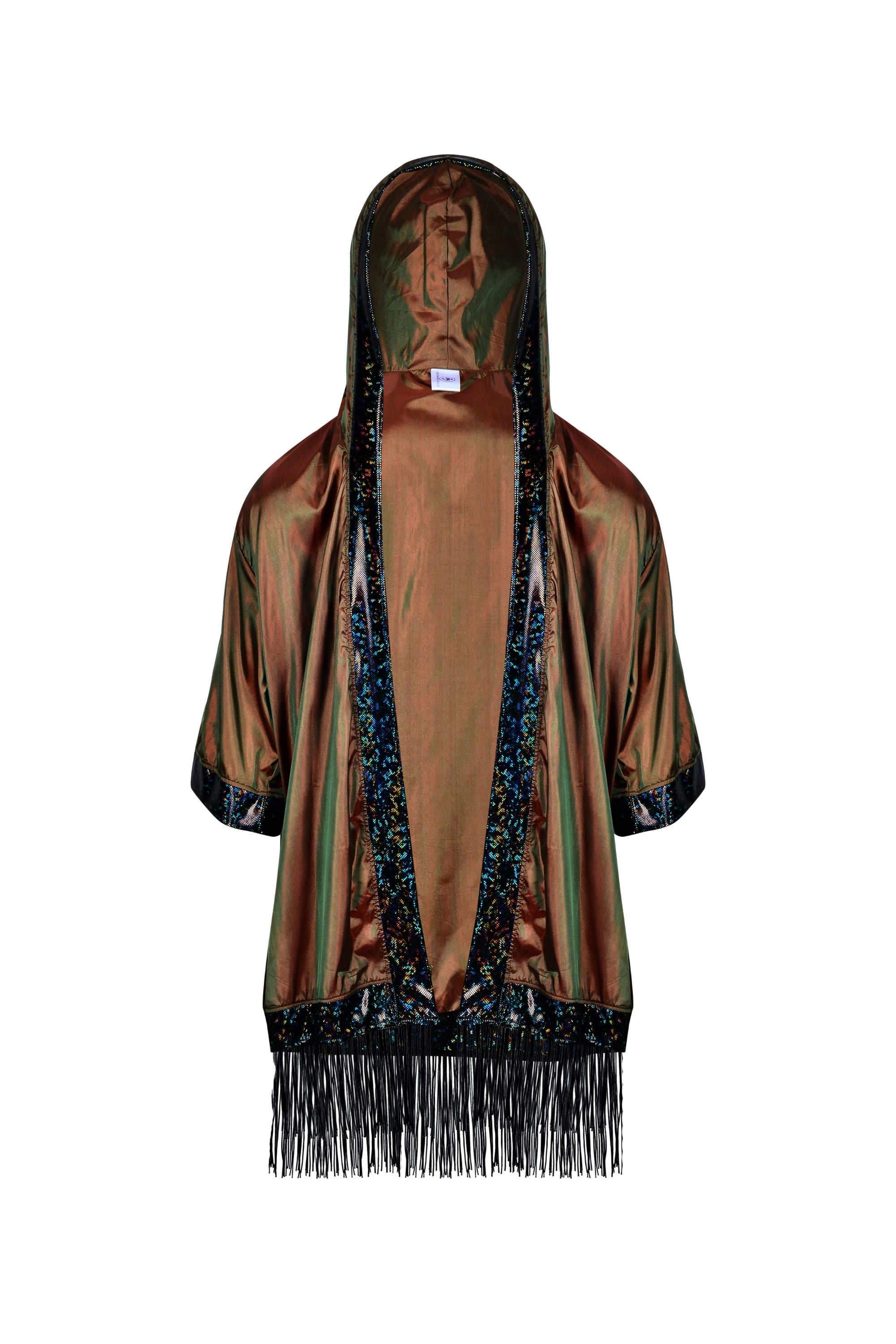 Sea Dragon Studio Hooded Iridescent Kimono – Iridescent Rust colorway, festival robe with holographic trim