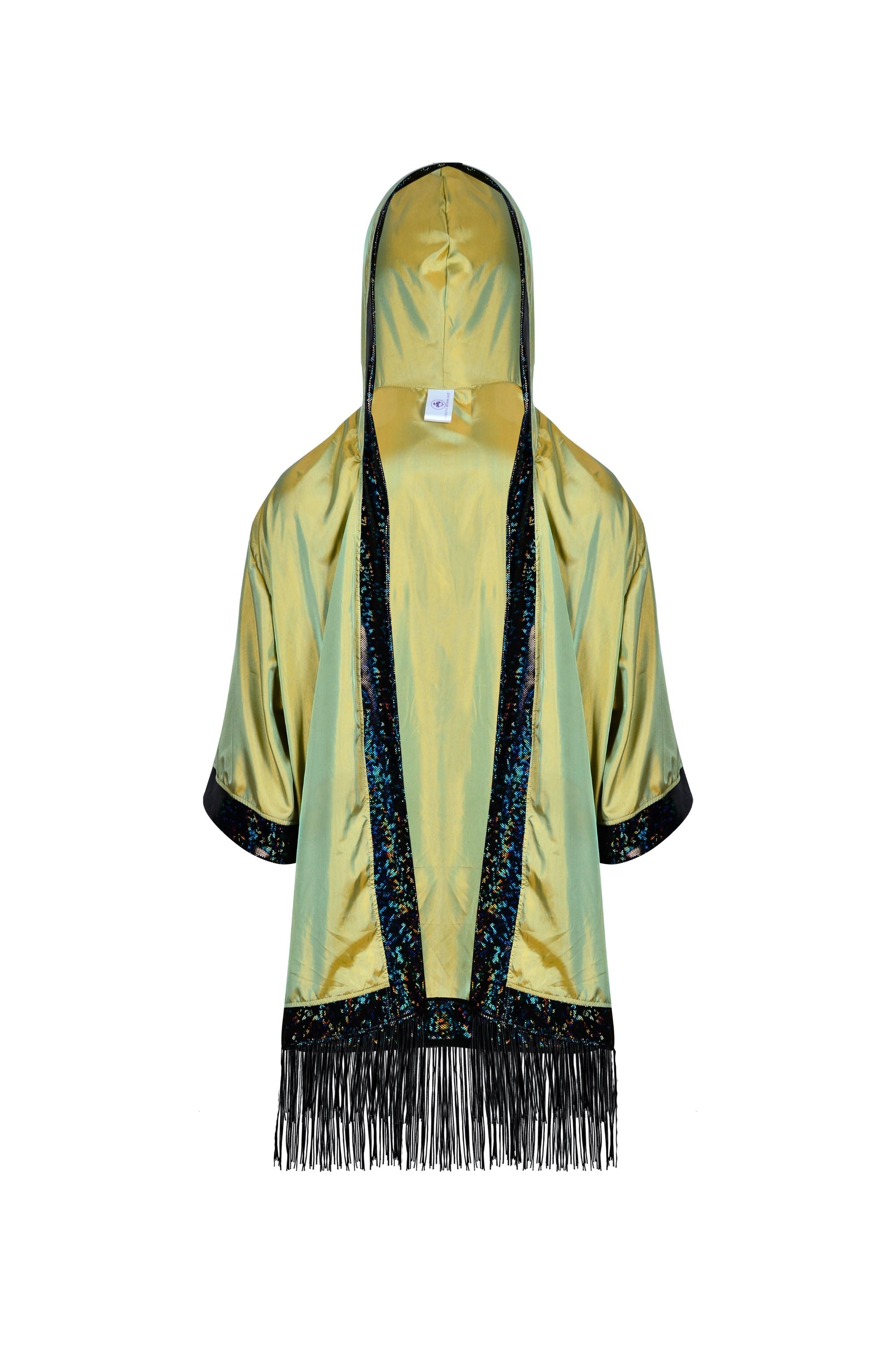 Sea Dragon Studio Hooded Iridescent Kimono – Iridescent Green colorway, hooded rave kimono with fringe