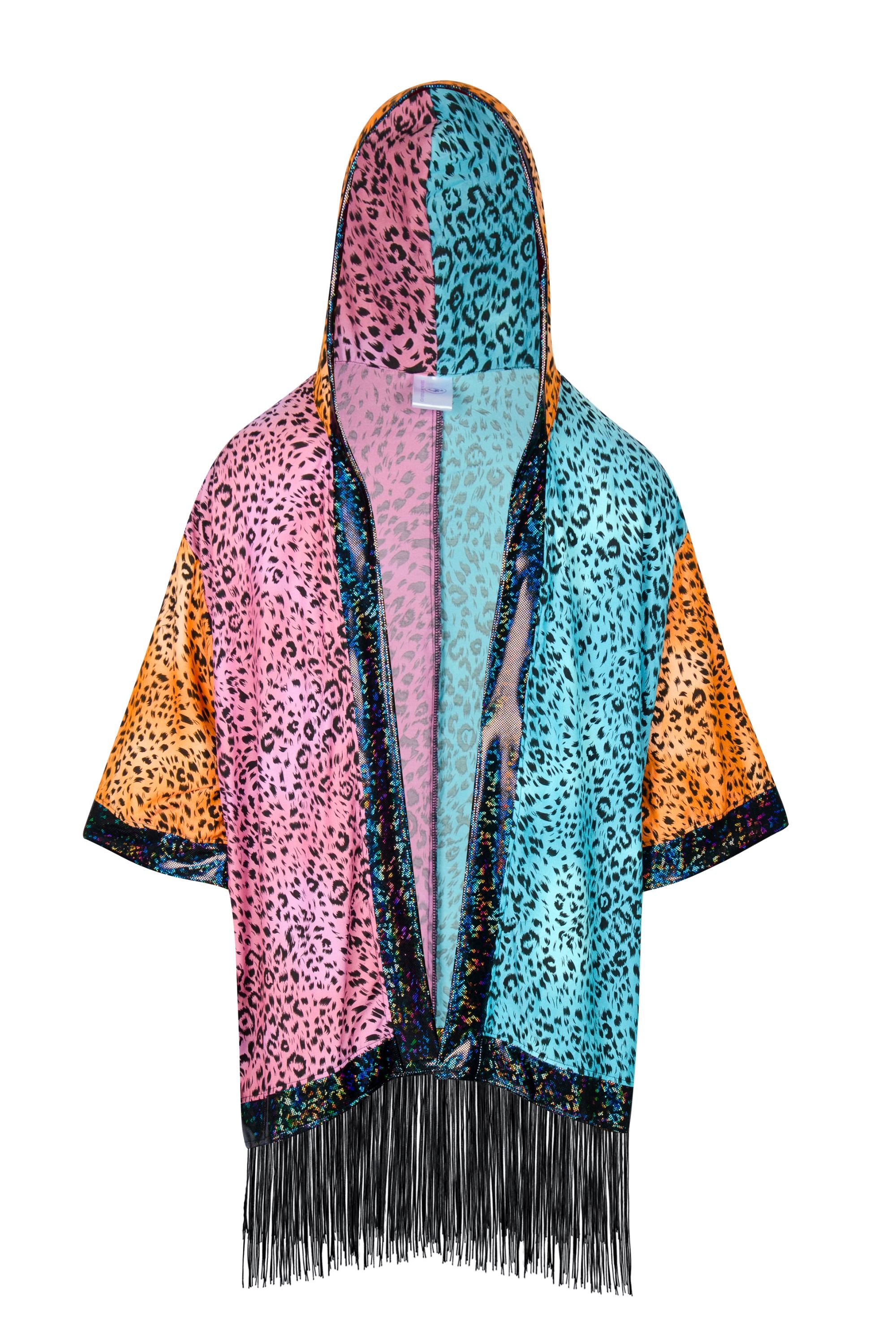 Sea Dragon Studio Big Cat Energy Hooded Kimono – front view, leopard-print festival robe with holographic fringe