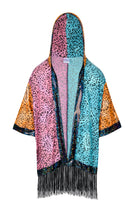 Sea Dragon Studio Big Cat Energy Hooded Kimono – front view, leopard-print festival robe with holographic fringe