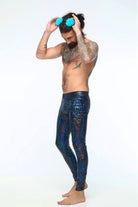 Sea Dragon Studio mens holographic meggings back view - stretch festival leggings in Midnight Inferno Black by Sea Dragon Studio.