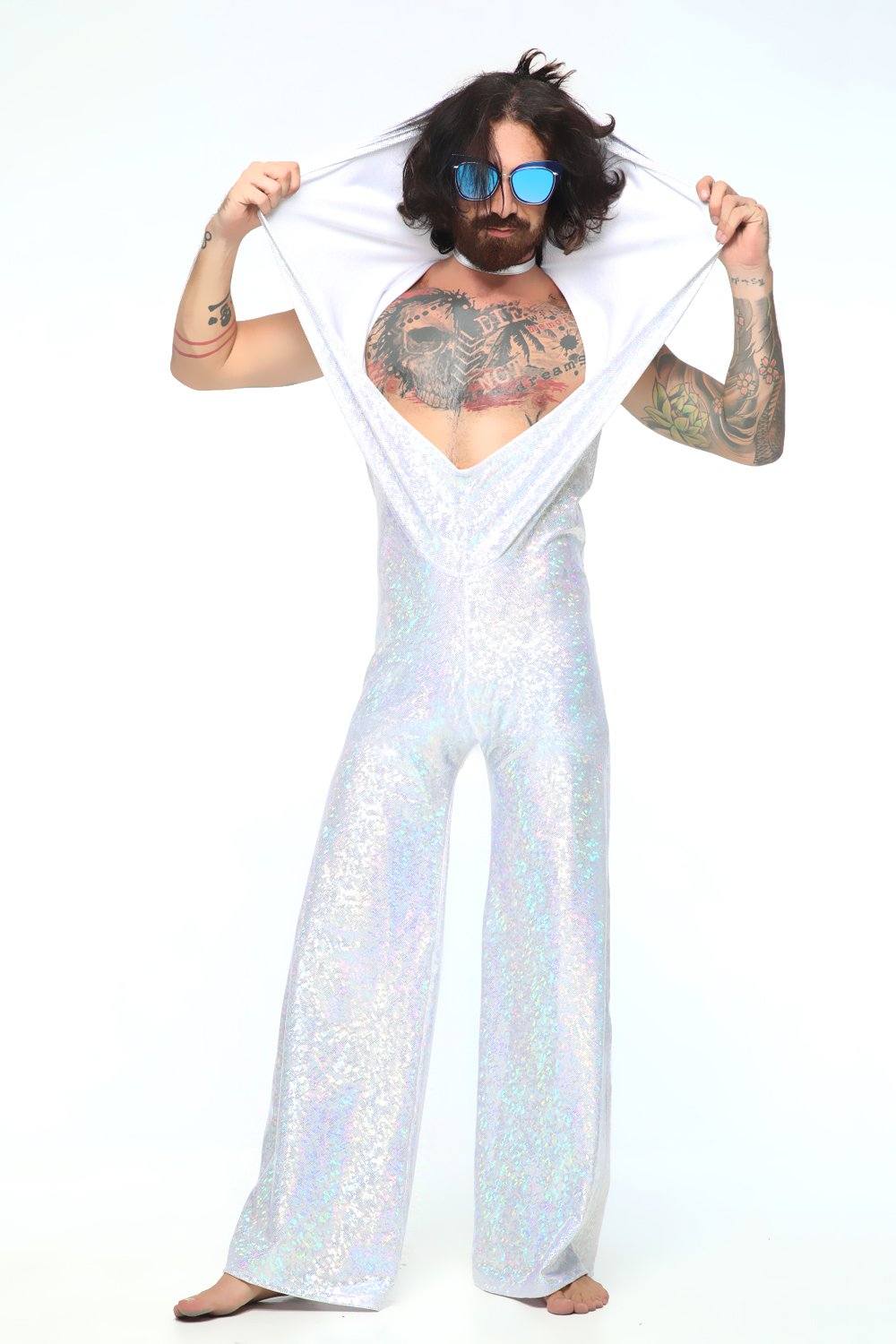 Sea Dragon Studio mens disco jumpsuit worn at festival - holographic Burning Man outfit by Sea Dragon Studio.