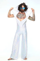Sea Dragon Studio mens disco jumpsuit worn at festival - holographic Burning Man outfit by Sea Dragon Studio.