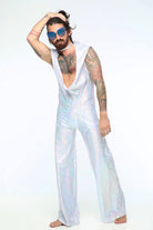 Sea Dragon Studio mens holographic jumpsuit back view - 4-way stretch lycra rave wear in Midnight Inferno Black.