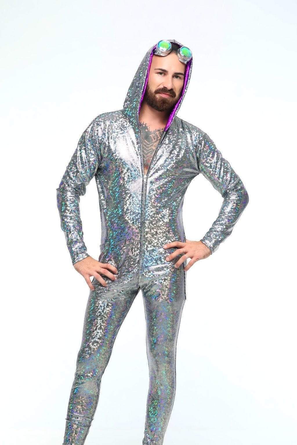 Sea Dragon Studio holographic mens jumpsuit in gold - full-length festival jumpsuit for Burning Man and EDM rave events.