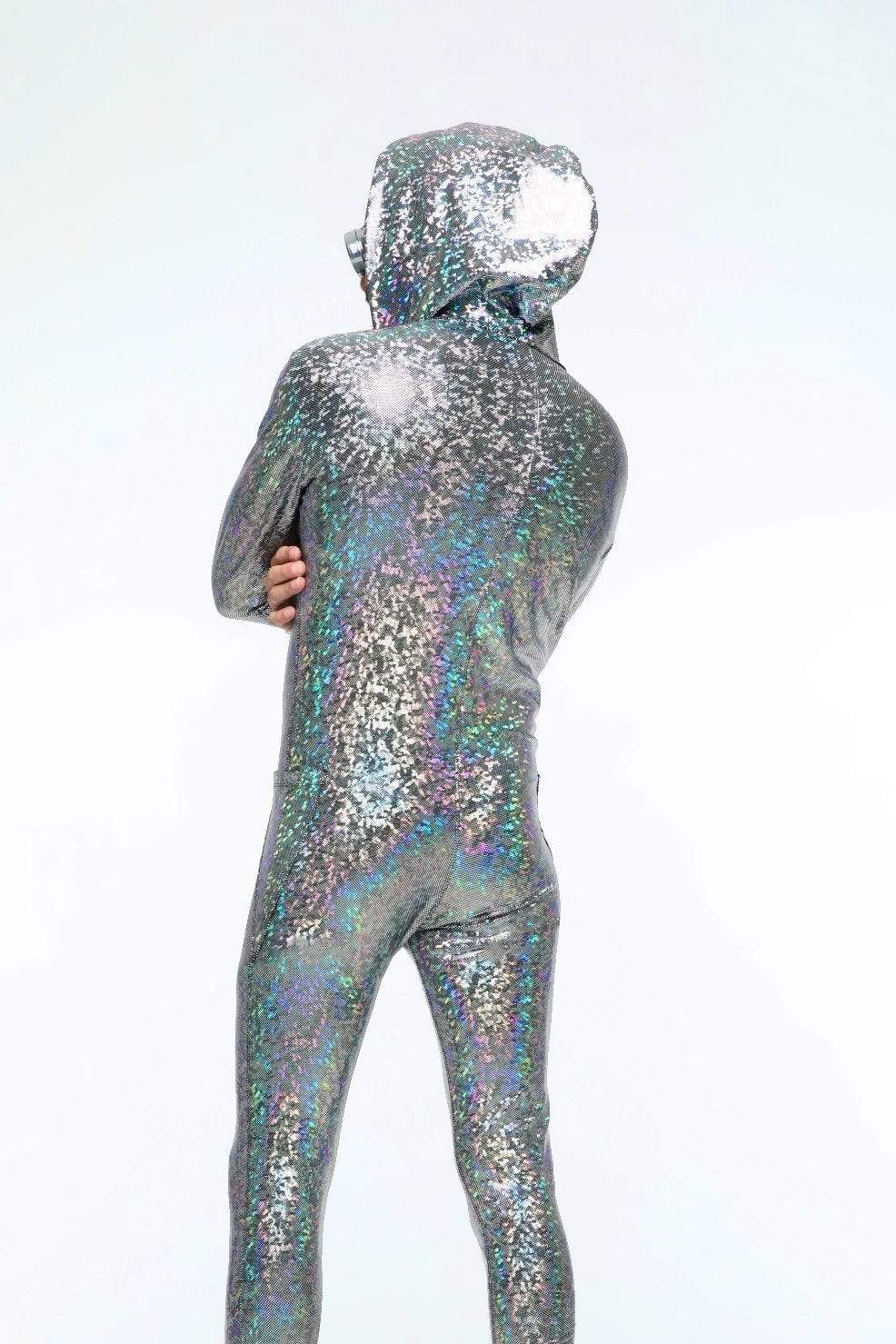 Sea Dragon Studio holographic mens jumpsuit in motion - full-length festival rave jumpsuit for Burning Man and EDC.