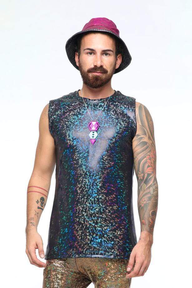 Sea Dragon Studio holographic mens sleeveless tee in gold - festival tank for Burning Man and EDM rave events.