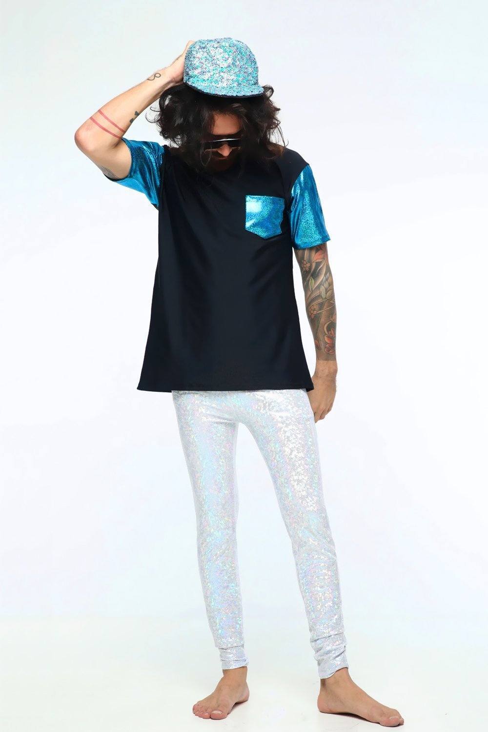 Sea Dragon Studio holographic meggings in motion - stretch mens festival leggings for rave and aerial performance.