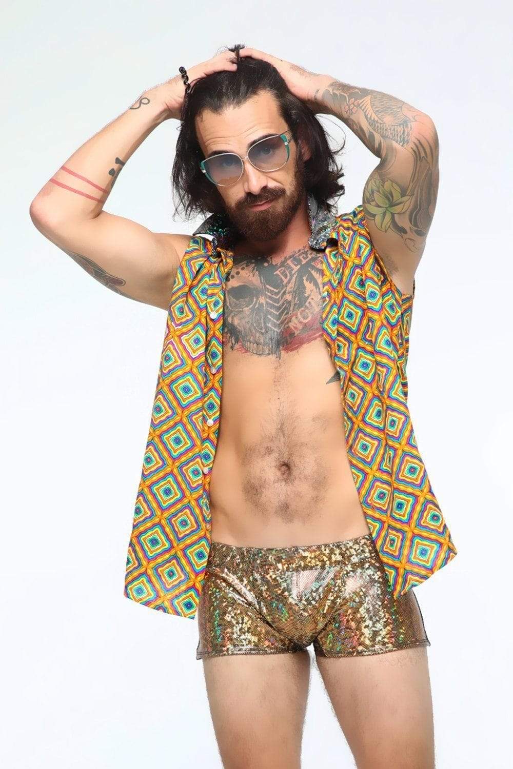 Sea Dragon Studio holographic mens festival shorts — festival and rave wear, worn at festival.