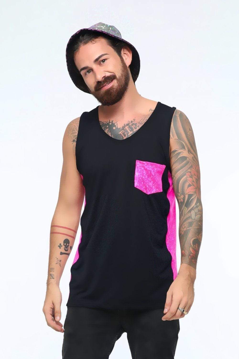 Sea Dragon Studio holographic mens festival tank — festival and rave wear, worn at festival.