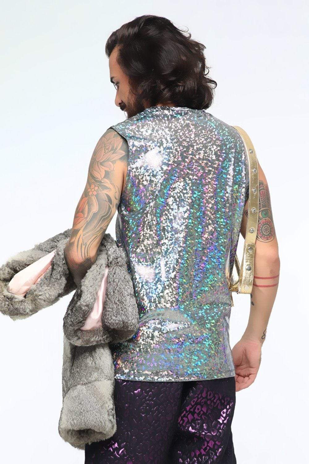 Sea Dragon Studio holographic sleeveless tee fabric detail - iridescent lycra mens festival tank top.