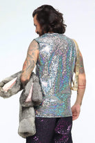 Sea Dragon Studio holographic sleeveless tee fabric detail - iridescent lycra mens festival tank top.