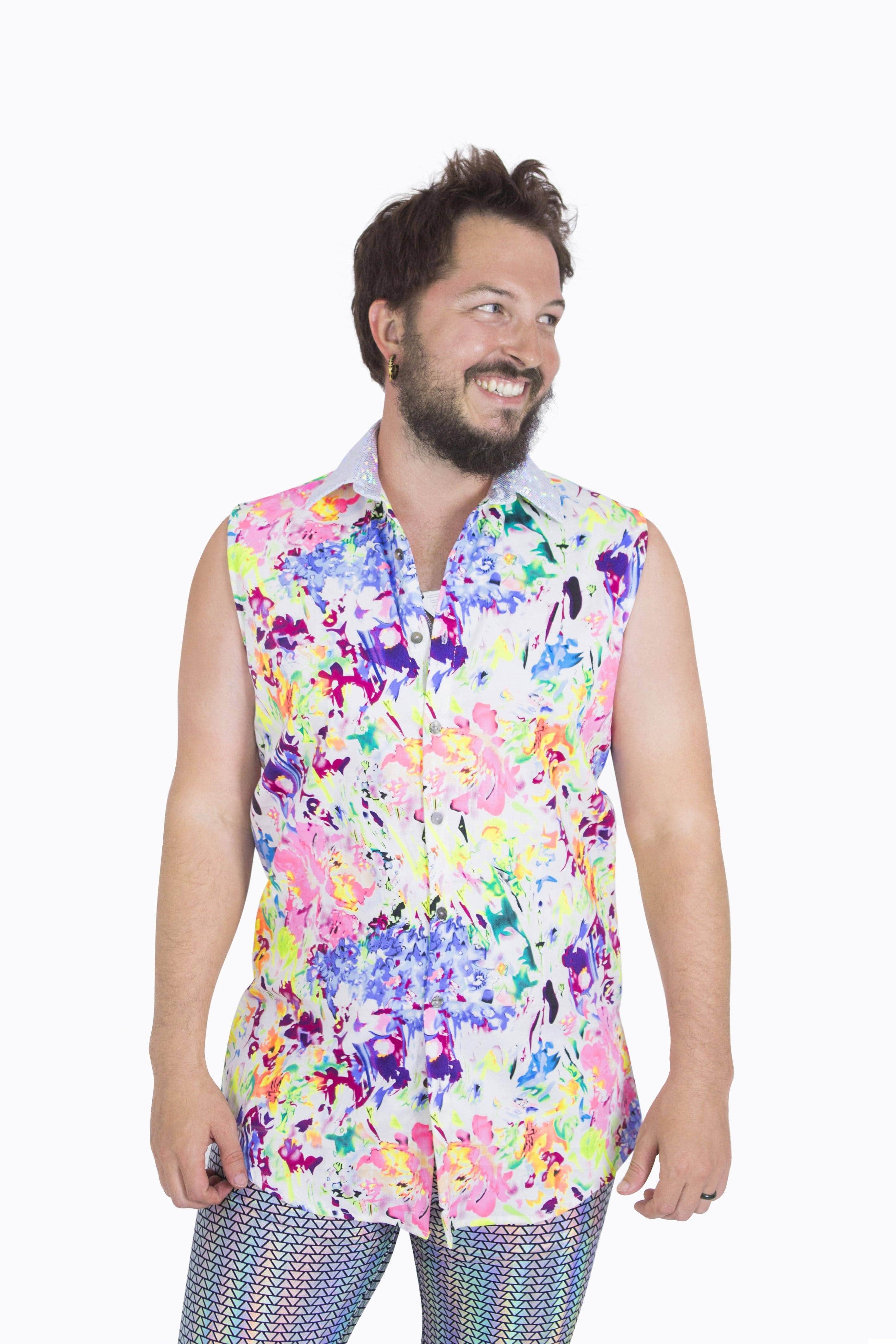 Sea Dragon Studio neon mens festival shirt — Burning Man and rave wear, worn at festival.