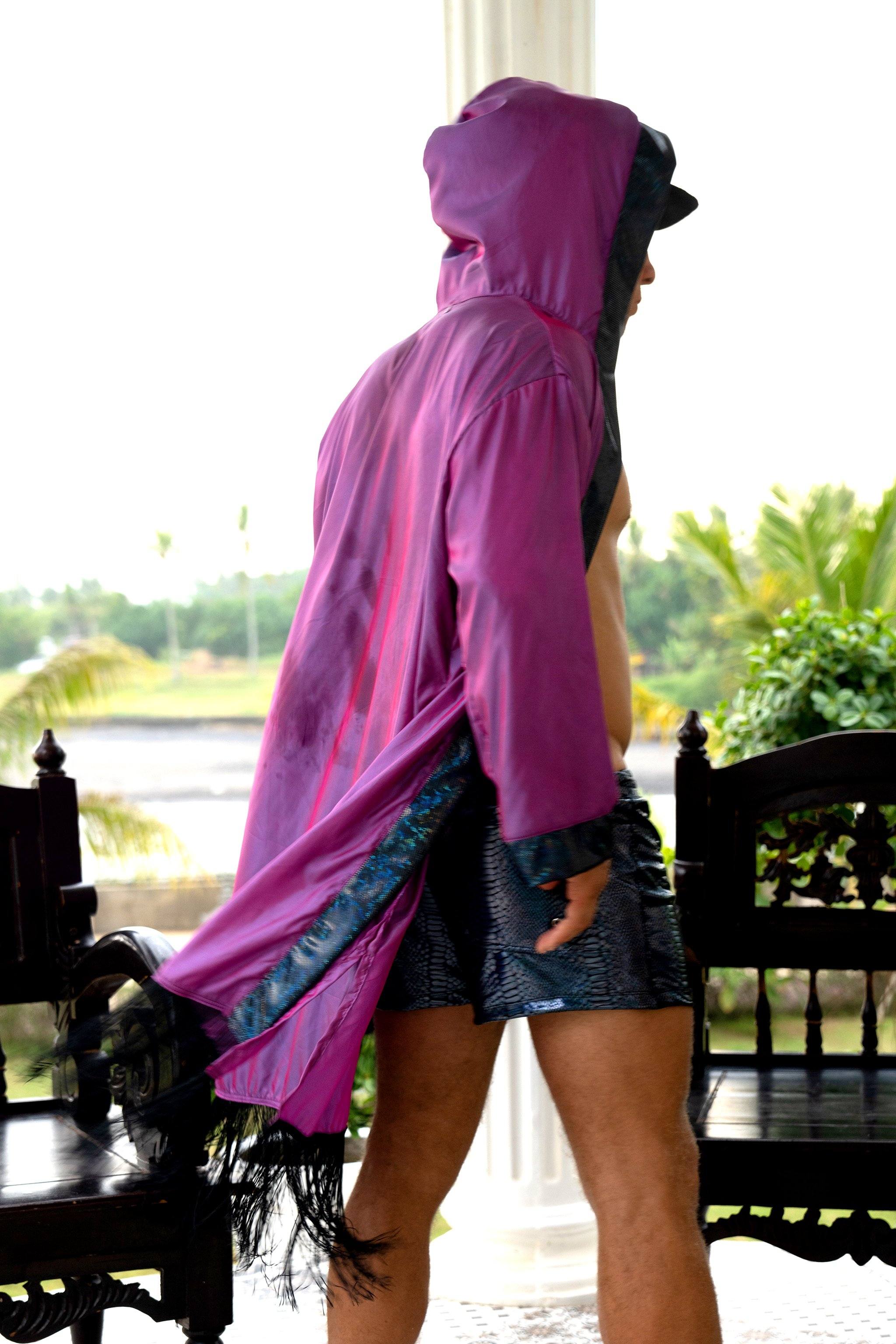 Sea Dragon Studio Hooded Iridescent Kimono – front view, color-change iridescent festival robe with fringe