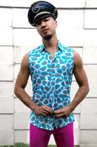Sea Dragon Studio Techno Leopard Sleeveless Button Down Shirt mens festival shirt — Burning Man and rave wear, worn at festival.