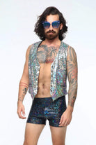 Sea Dragon Studio mens holographic shorts back view in silver - rave festival shorts by Sea Dragon Studio.