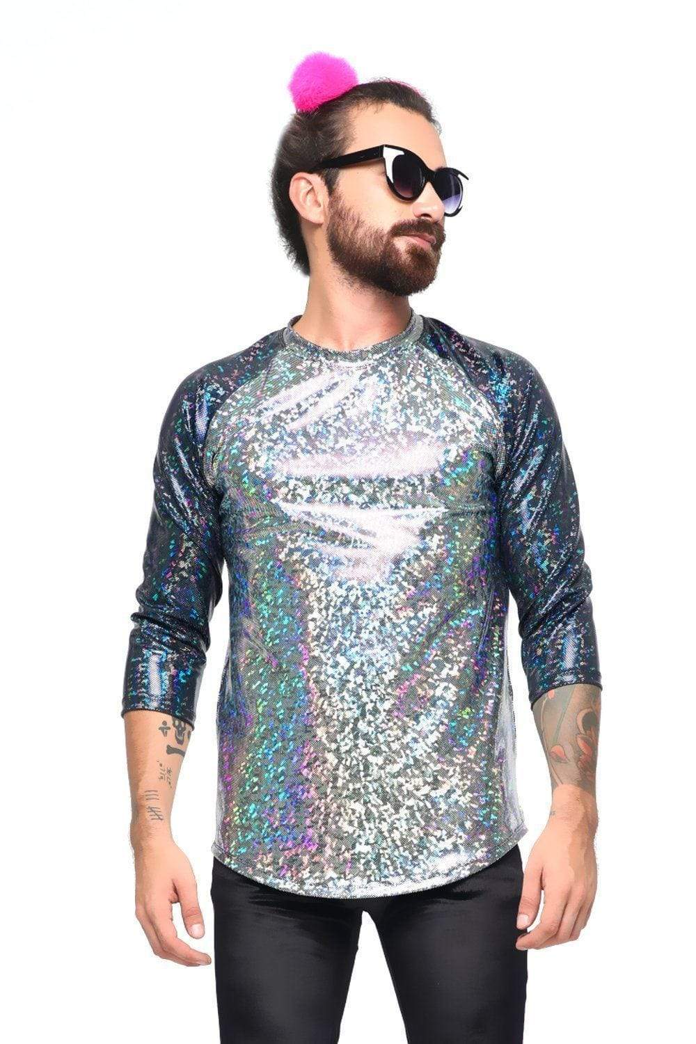Sea Dragon Studio holographic hardball tee in gold - mens festival baseball tee for Burning Man and EDM rave events.