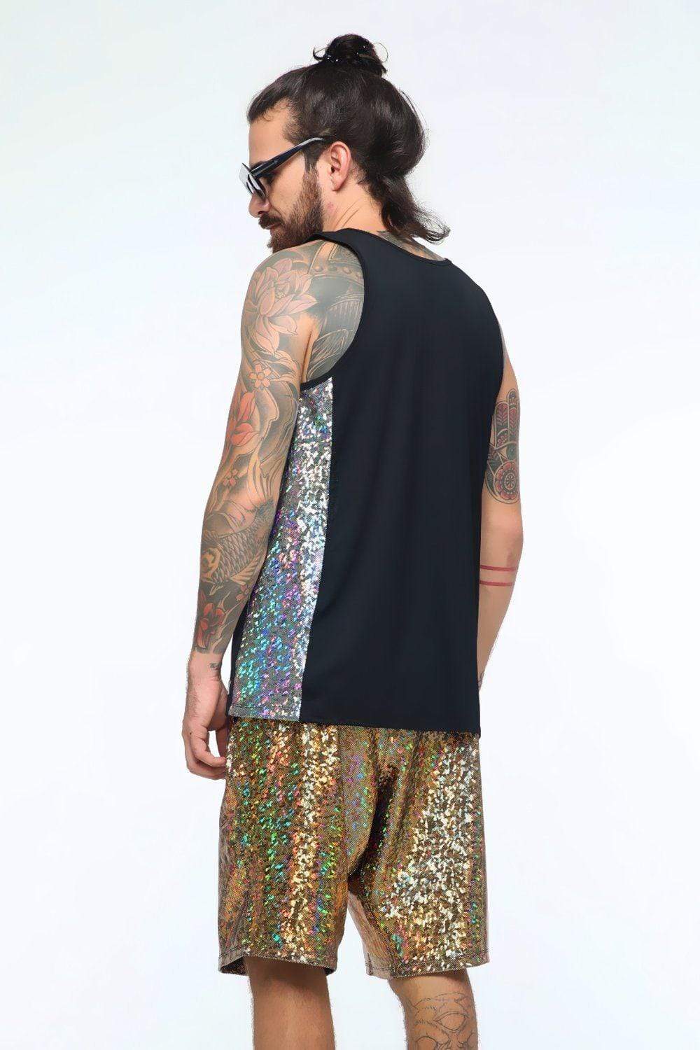 Sea Dragon Studio holographic mens festival tank — festival and rave wear, worn at festival.