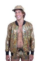 Sea Dragon Studio holographic mens bomber jacket worn at festival - stage wear and DJ outfit by Sea Dragon Studio.