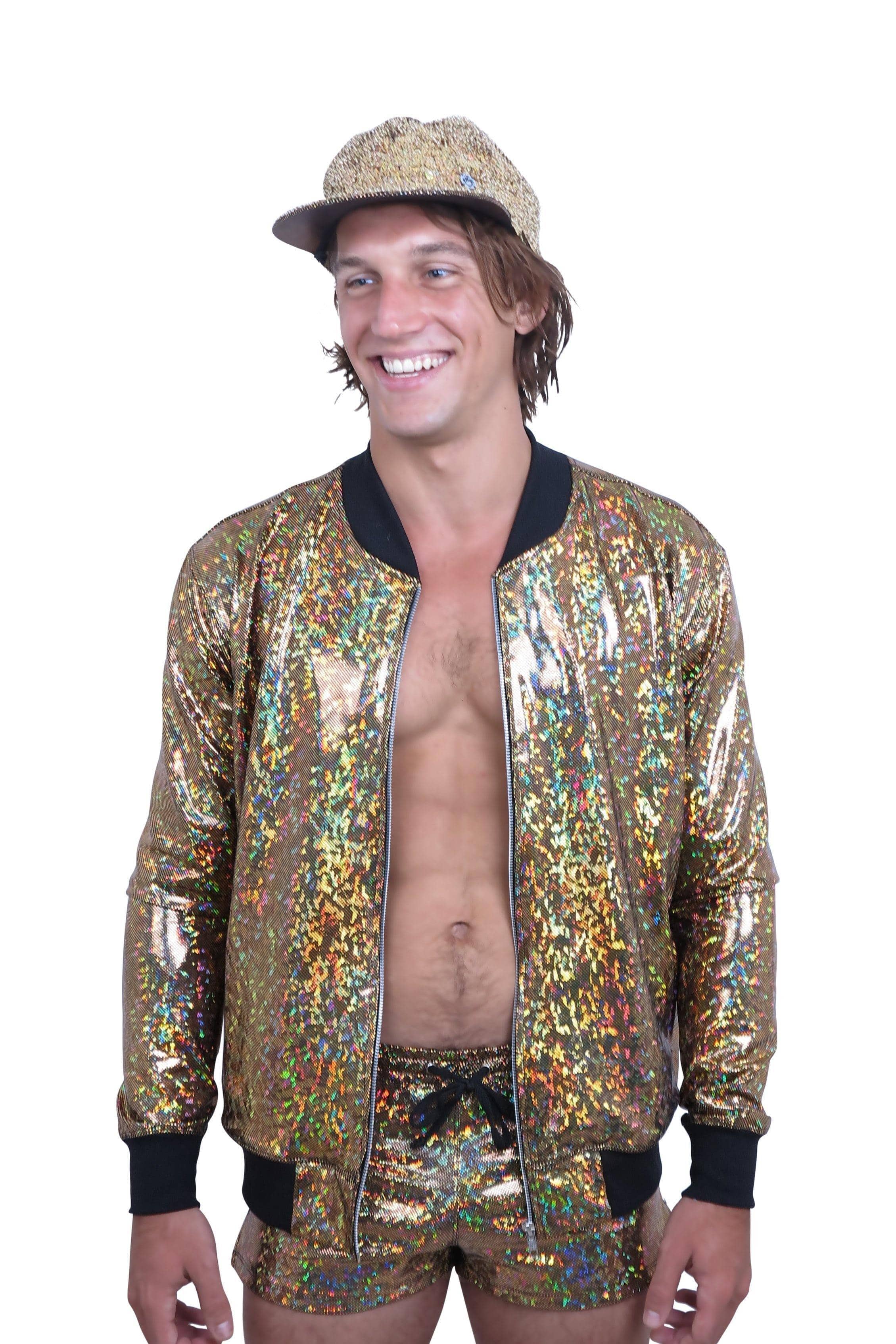 Sea Dragon Studio holographic mens bomber jacket worn at festival - stage wear and DJ outfit by Sea Dragon Studio.