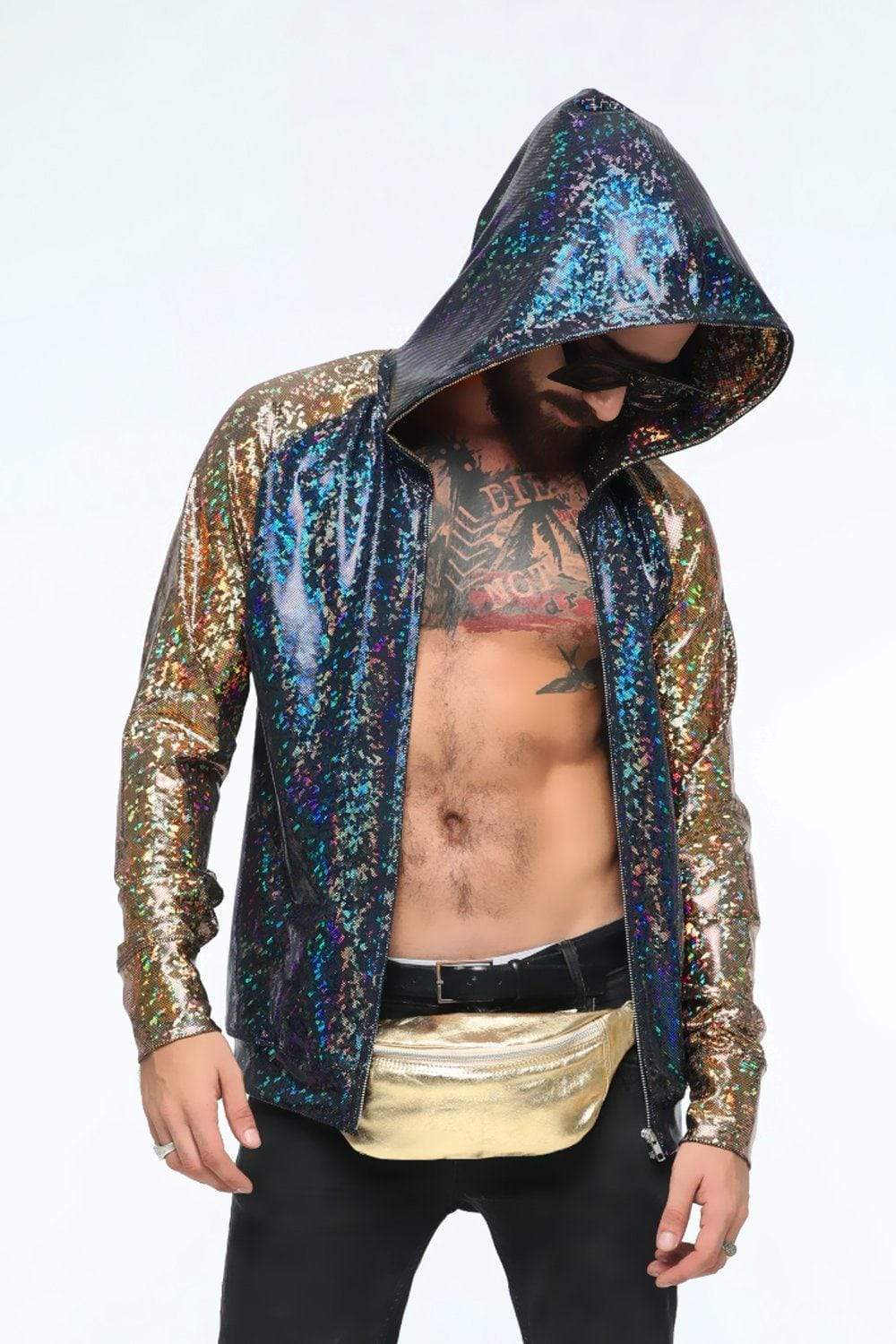 Sea Dragon Studio holographic mens festival hoodie — Burning Man and festival and rave wear, worn at festival.