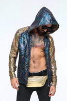 Sea Dragon Studio holographic mens festival hoodie — Burning Man and festival and rave wear, worn at festival.