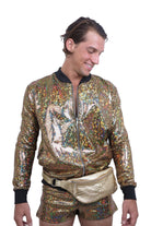 Sea Dragon Studio holographic bomber jacket in motion - mens festival rave jacket for Burning Man and EDC.