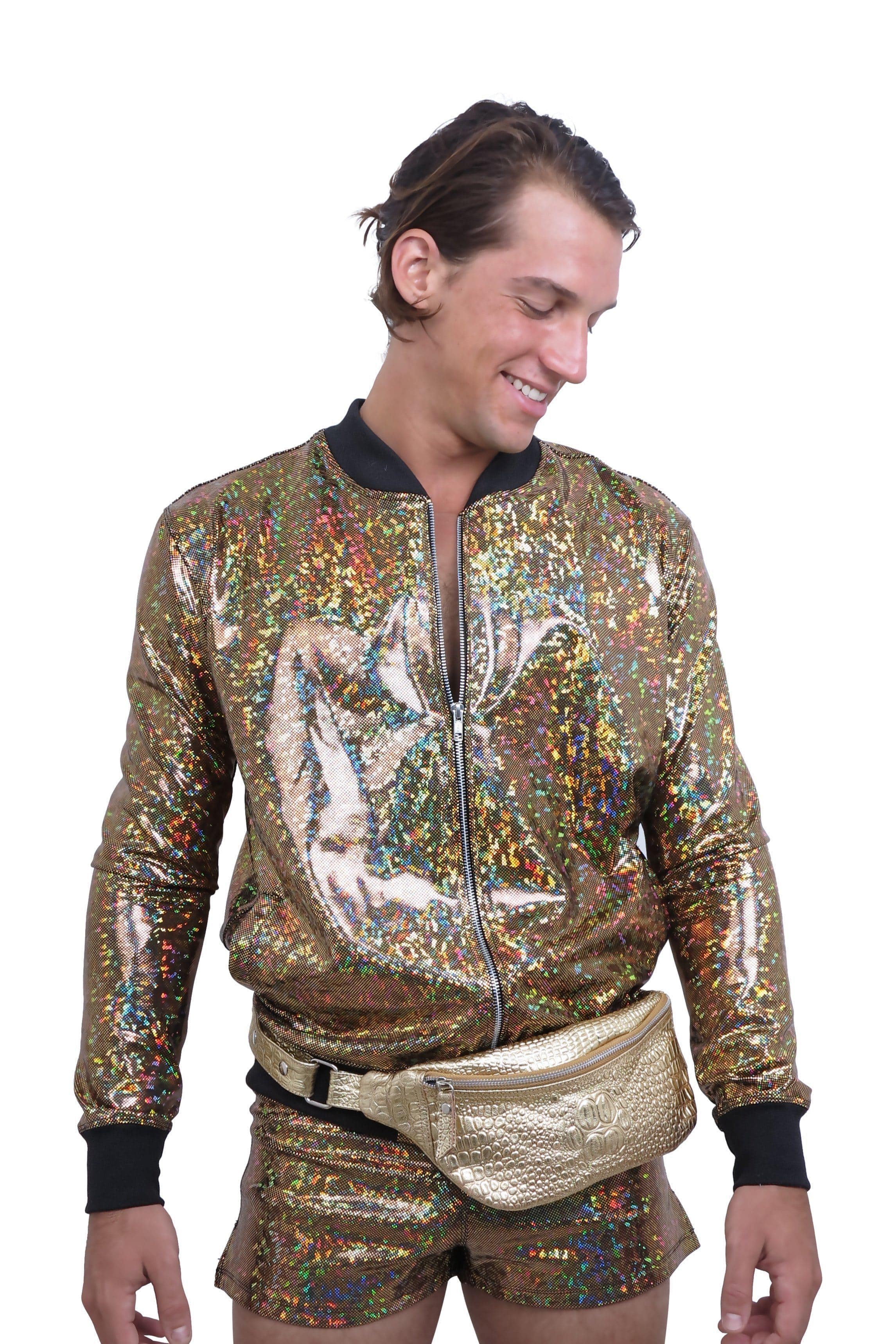 Sea Dragon Studio holographic bomber jacket in motion - mens festival rave jacket for Burning Man and EDC.