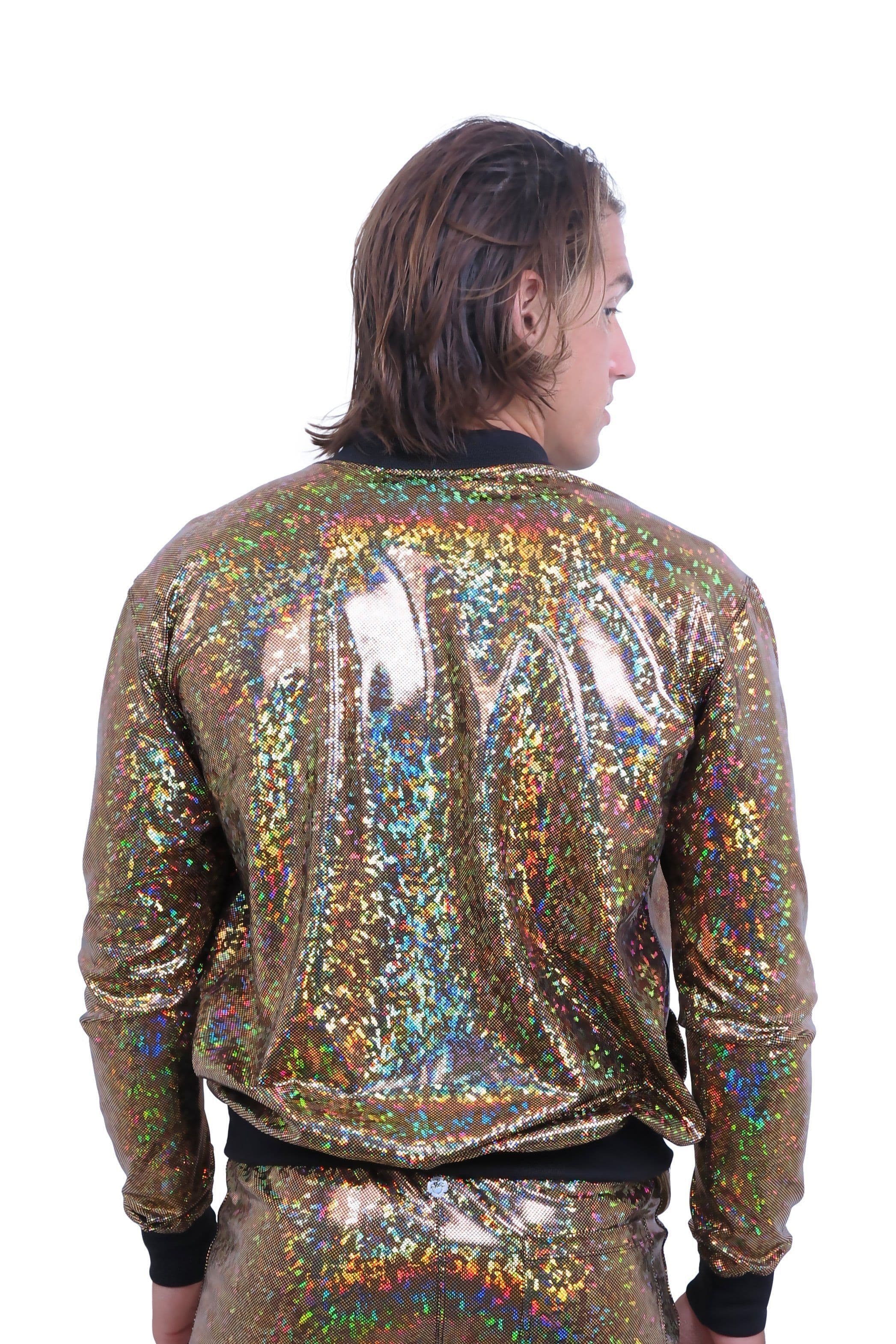 Sea Dragon Studio holographic bomber jacket open front - mens festival layer for EDM and Burning Man events.