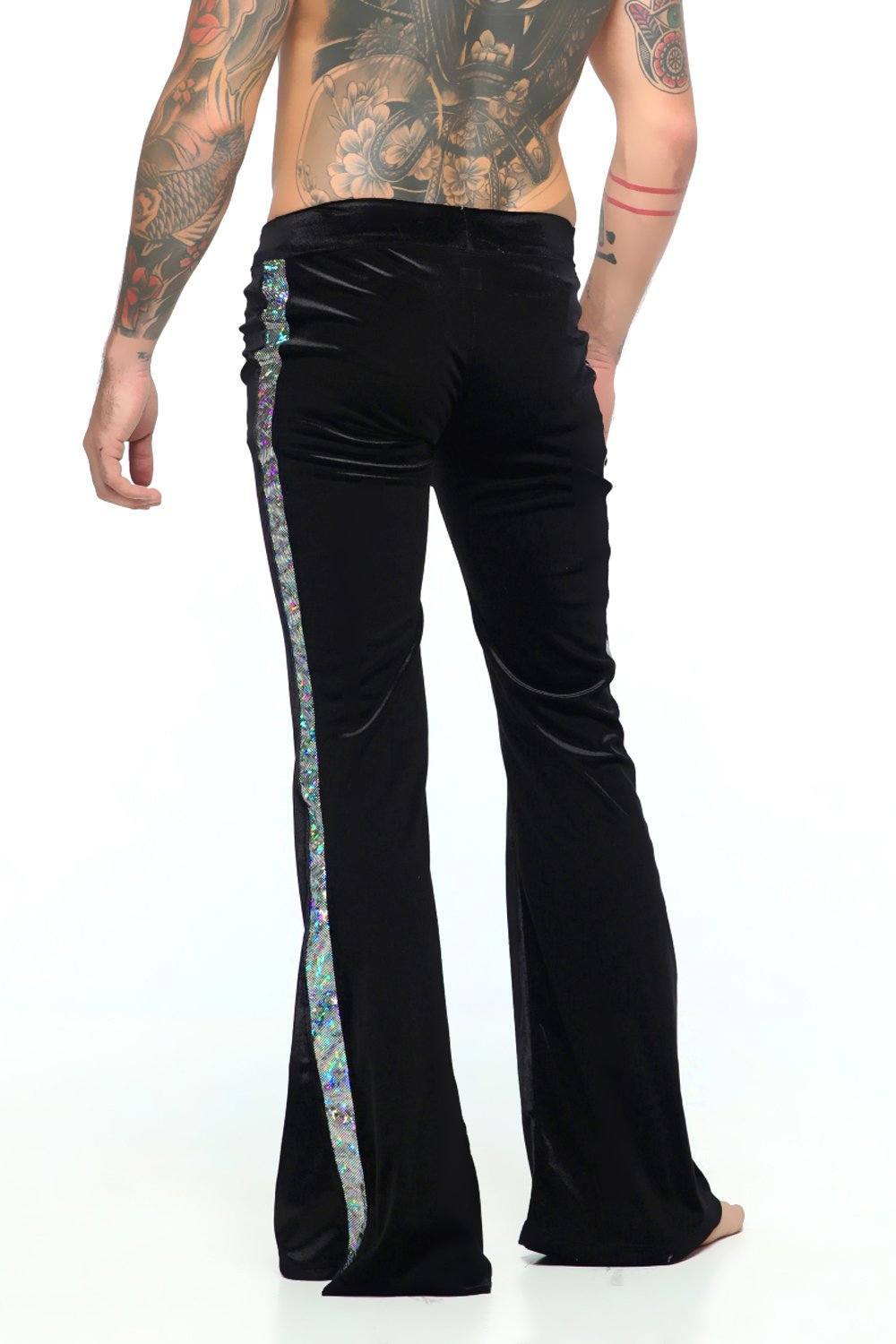 Sea Dragon Studio velvet mens festival flares in black - wide-leg velvet rave pants for Burning Man and EDM events.