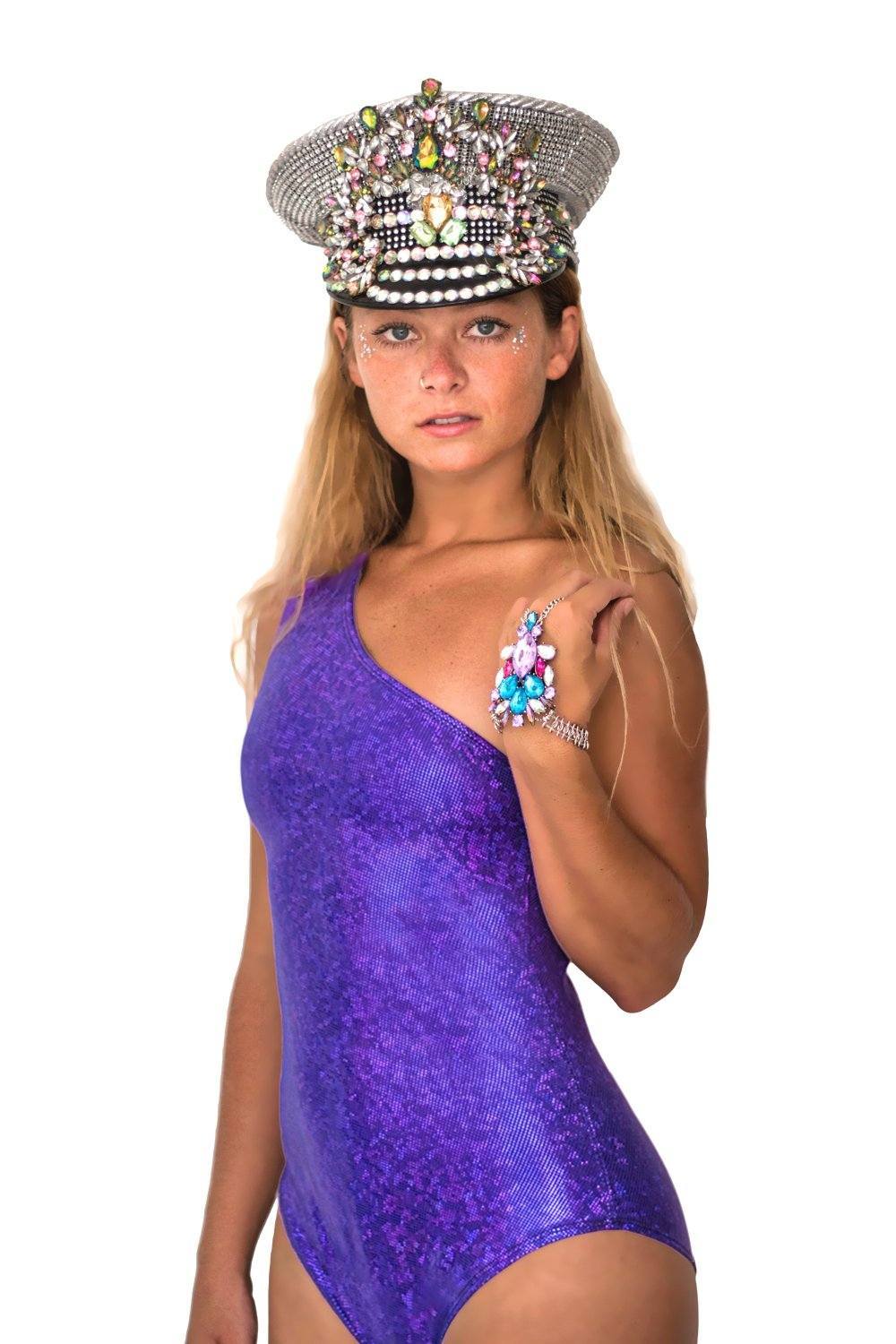 Sea Dragon Studio holographic womens bodysuit — Burning Man and rave wear, worn at festival.