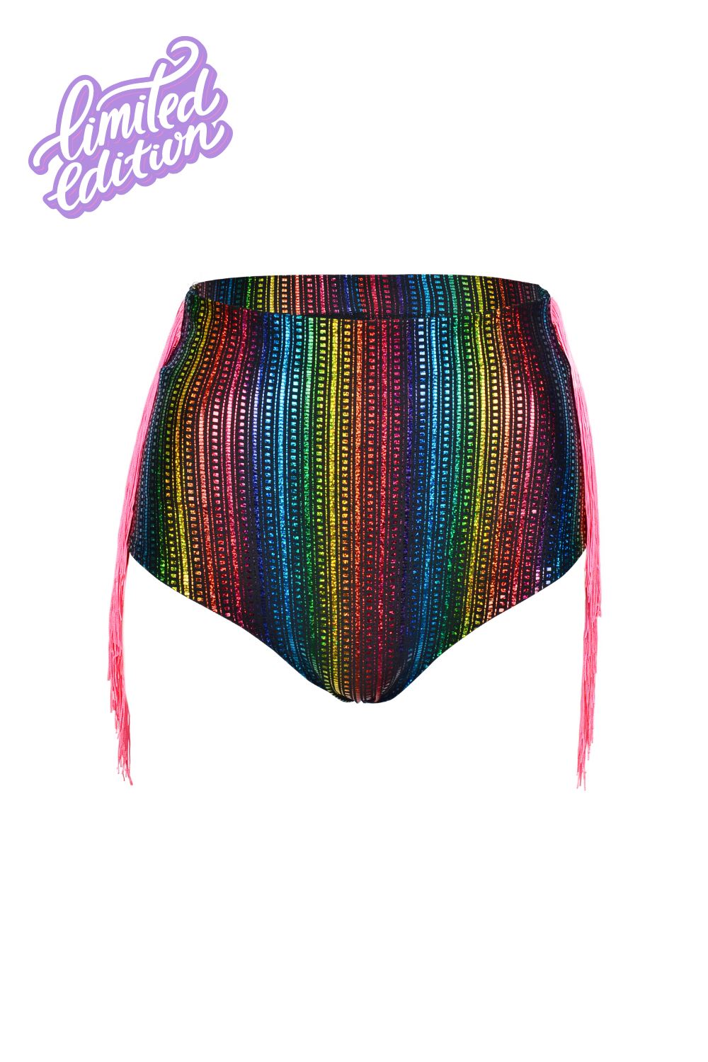 Sea Dragon Studio holographic womens festival shorts — rave and pride wear, worn at festival.