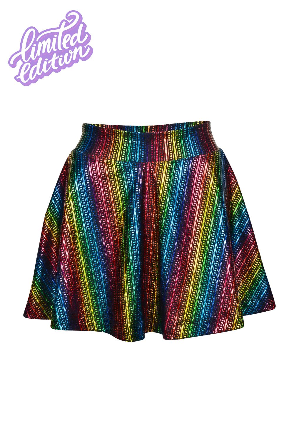 Sea Dragon Studio holographic womens festival shorts — rave and pride wear, worn at festival.