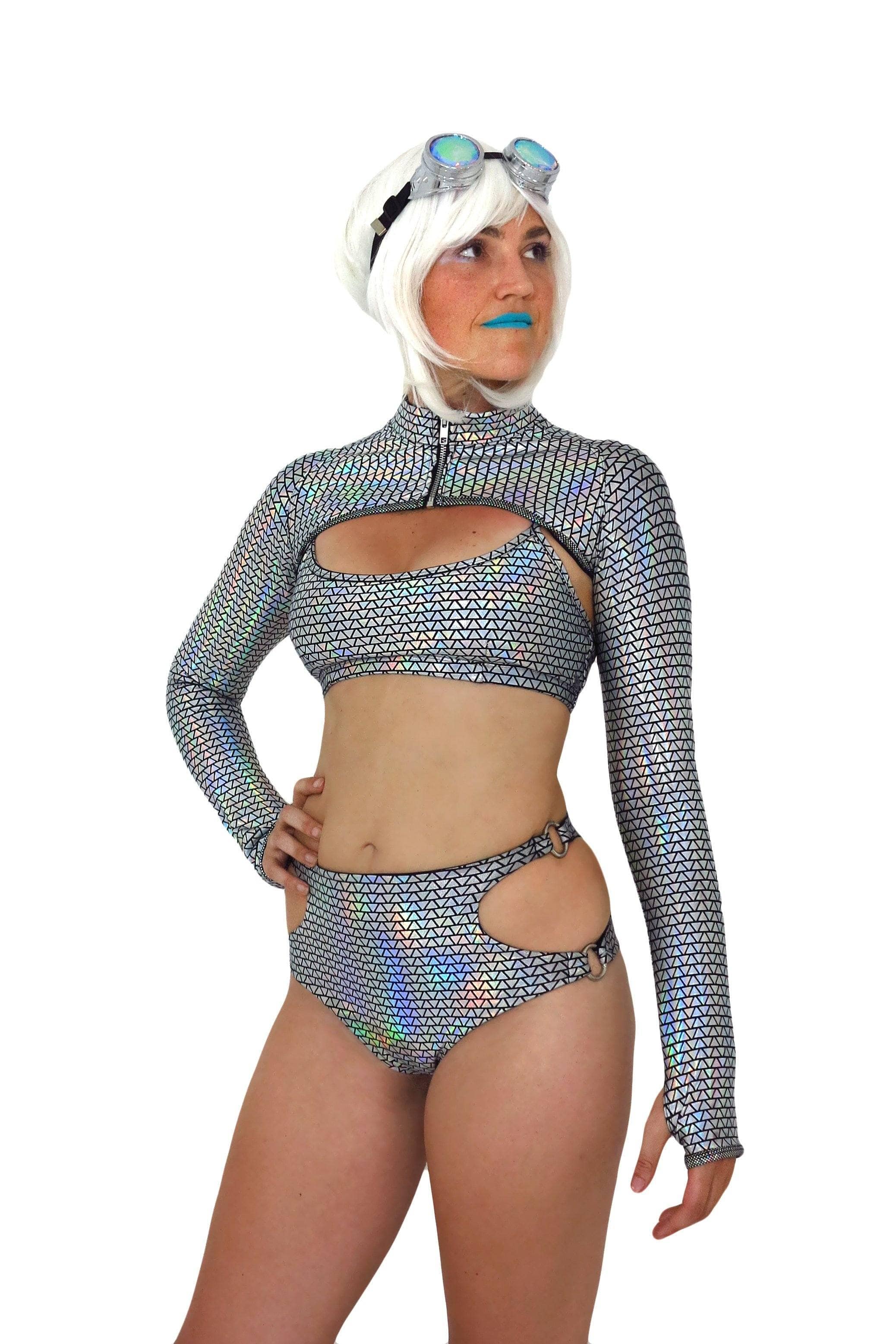 Sea Dragon Studio prism womens festival jacket — rave wear, worn at festival.
