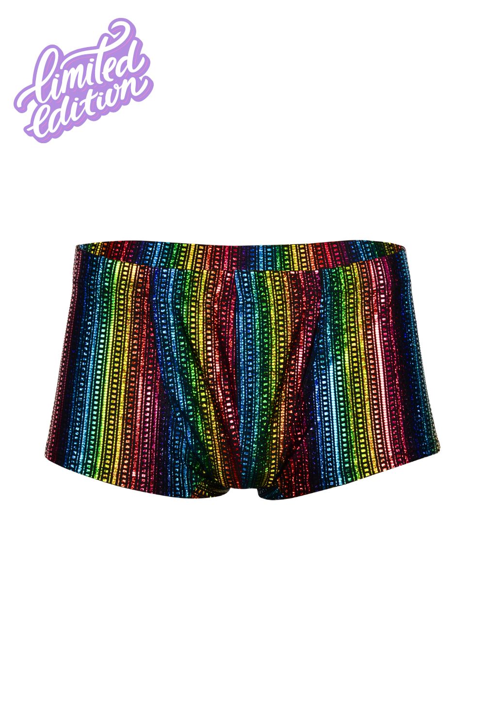 Sea Dragon Studio holographic mens festival wear — festival and rave and pride wear, worn at festival.