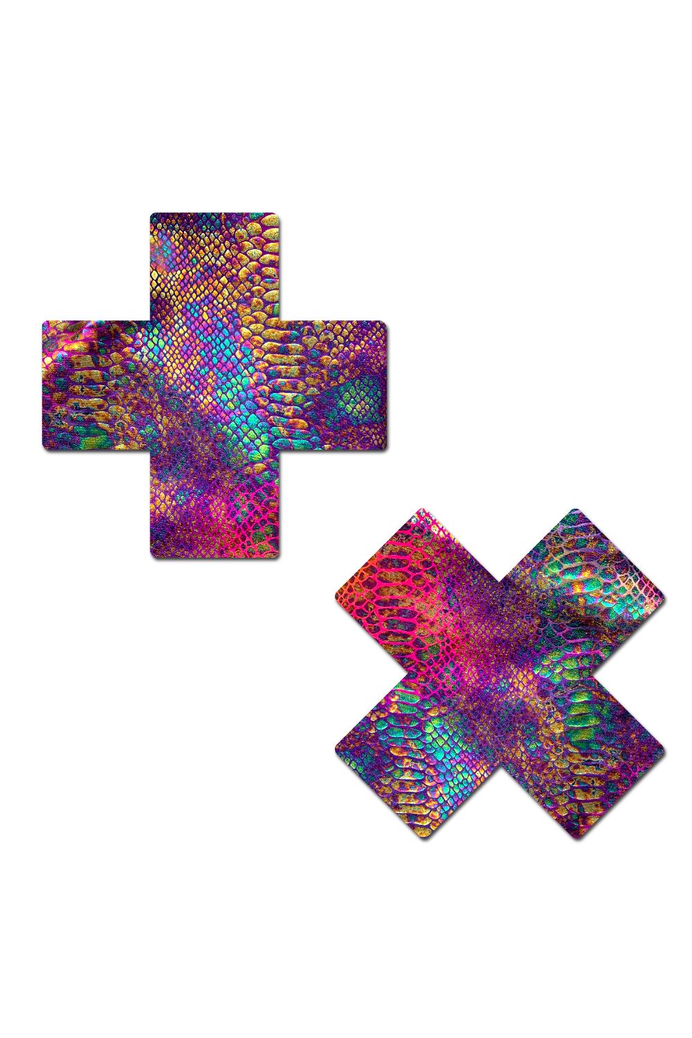 Sea Dragon Studio Rainbow Tie Dye Snake Print Cross womens festival pasties — festival and rave wear, worn at festival.