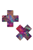 Sea Dragon Studio Rainbow Tie Dye Snake Print Cross womens festival pasties — festival and rave wear, worn at festival.