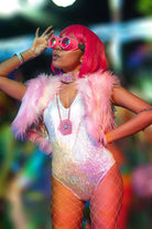Sea Dragon Studio holographic fringe bodysuit back view in silver - festival fringe rave bodysuit by Sea Dragon Studio.