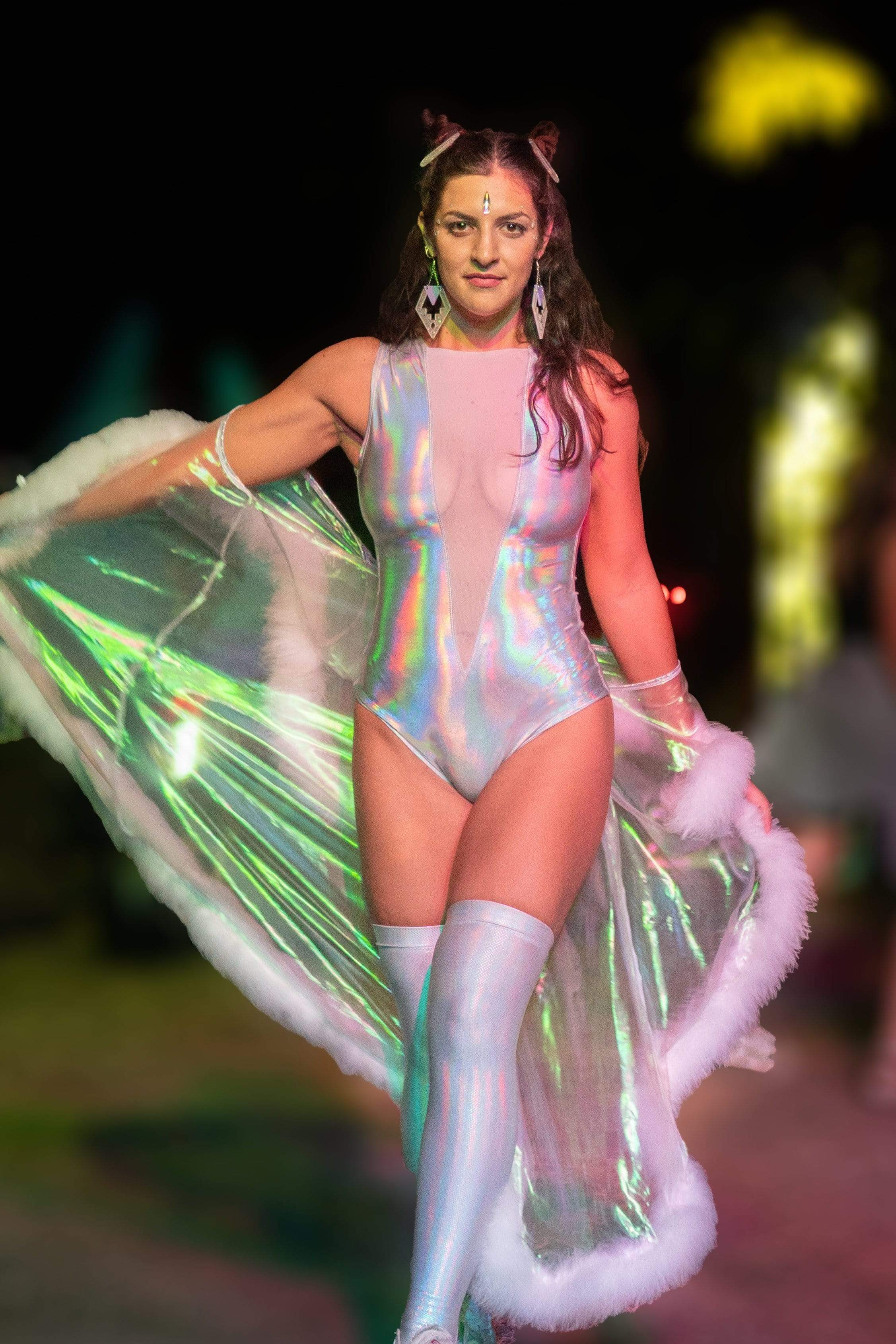 Sea Dragon Studio iridescent gender-neutral festival kimono — rave wear, worn at festival.
