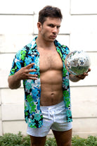 Sea Dragon Studio Blue Fantasia Short Sleeve Button Down Shirt mens festival shirt — Burning Man and rave wear, worn at festival.