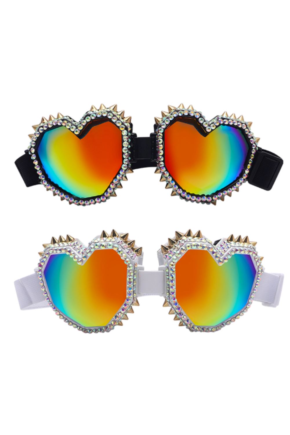 Sea Dragon Studio Spiked Heart Throb Rainbow Heart Goggles gender-neutral festival sunglasses — festival and rave and pride wear, worn at festival.