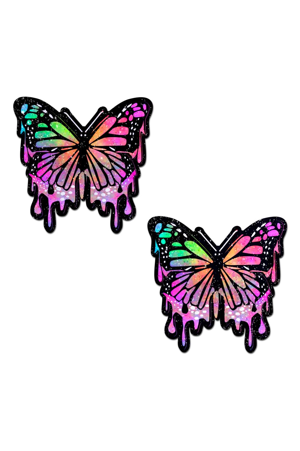 Sea Dragon Studio Trippy Melting Rainbow Glitter Butterfly Nipple womens festival pasties — festival and rave and pride wear, worn at festival.