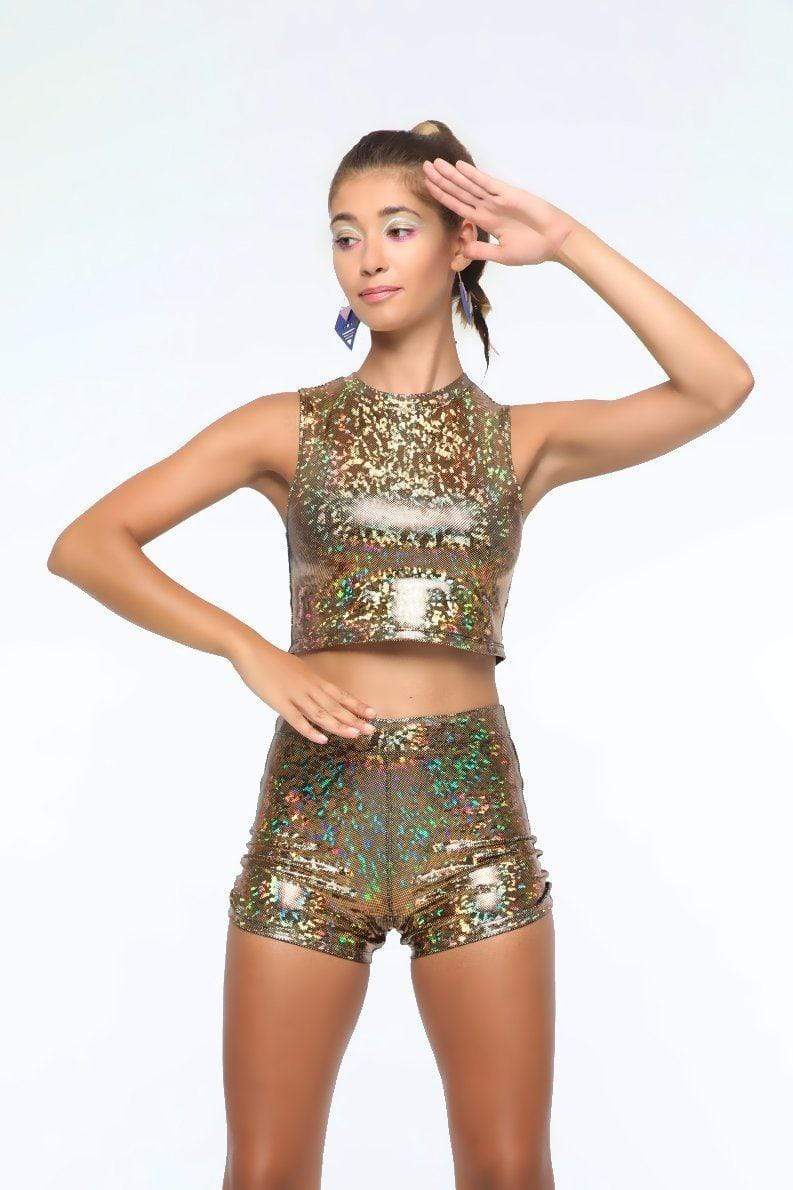Sea Dragon Studio holographic womens crop top — rave wear, worn at festival.