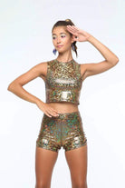 Sea Dragon Studio holographic womens crop top — rave wear, worn at festival.