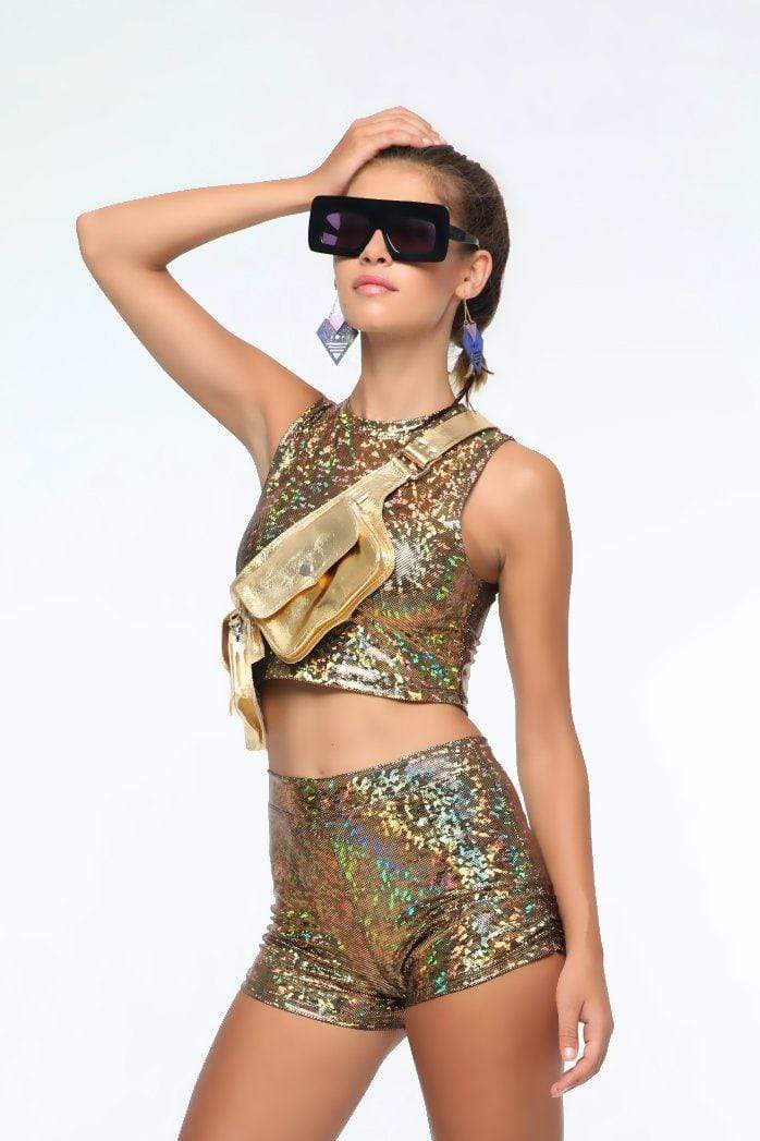 Sea Dragon Studio metallic gender-neutral festival belt — festival and rave wear, worn at festival.